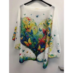 L35 Loowie White Heart Butterfly Round Neck Printed Sweater One Size